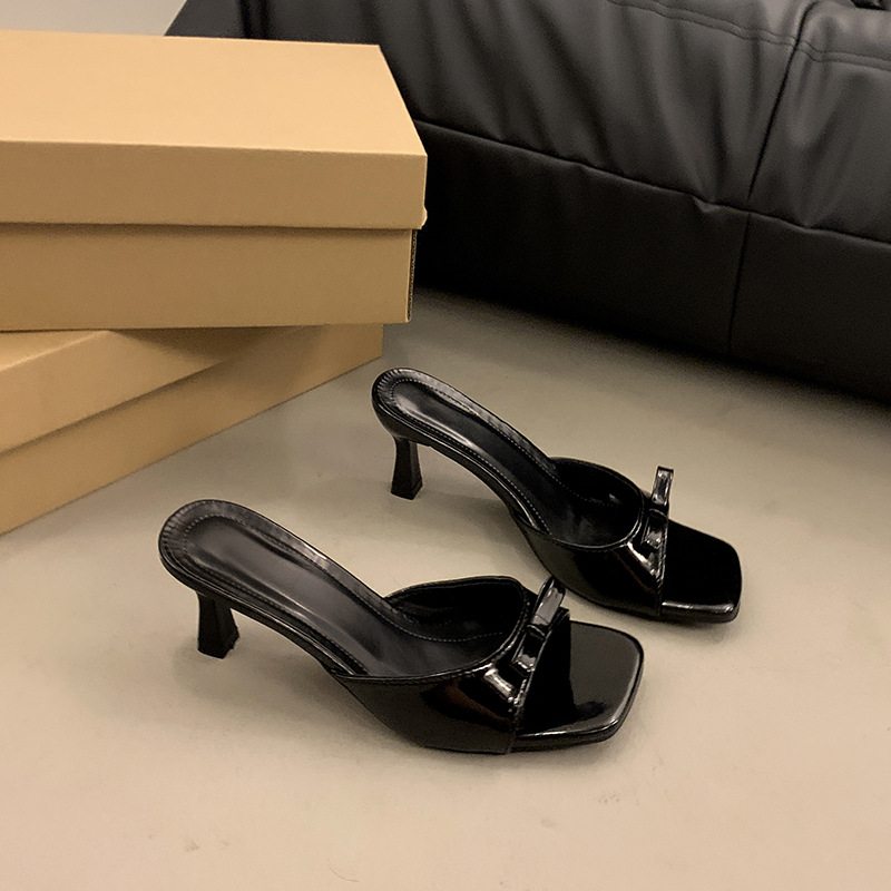 Patent Leather Square-Toe Kitten Heel Mules with Buckle