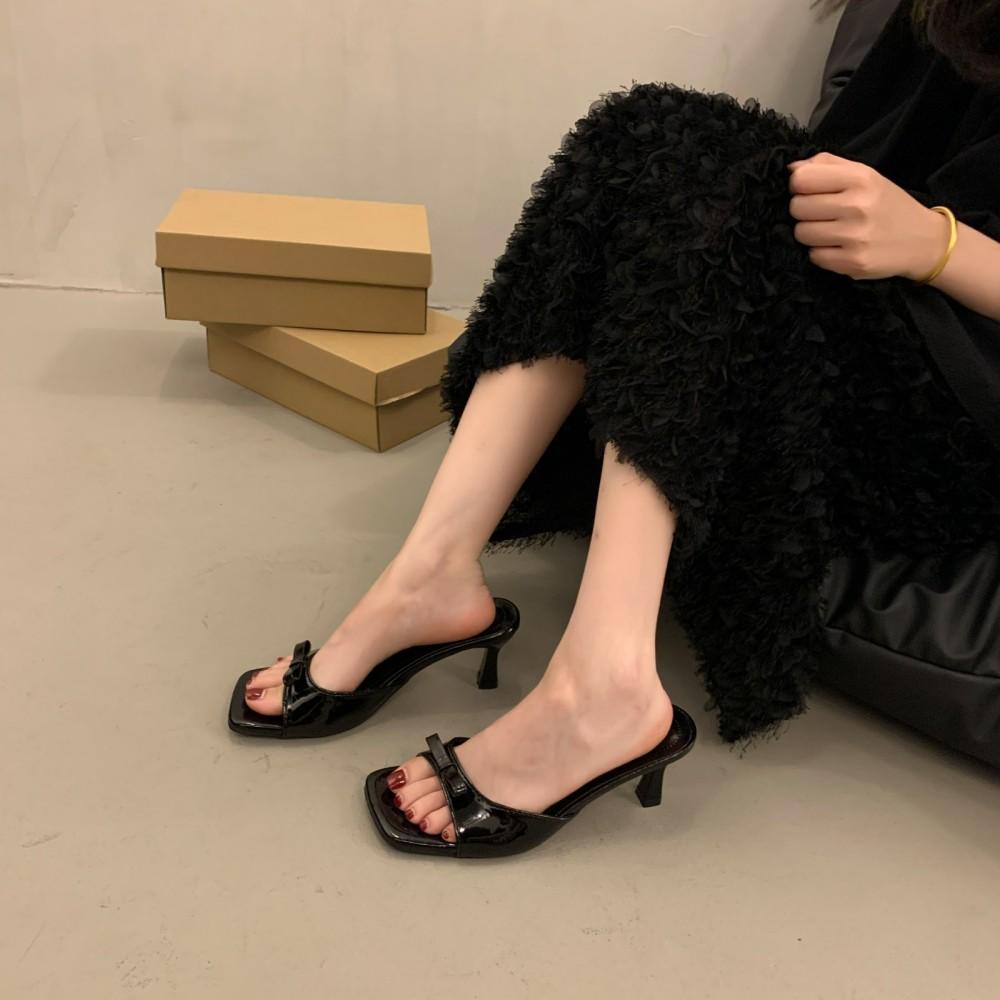 Patent Leather Square-Toe Kitten Heel Mules with Buckle