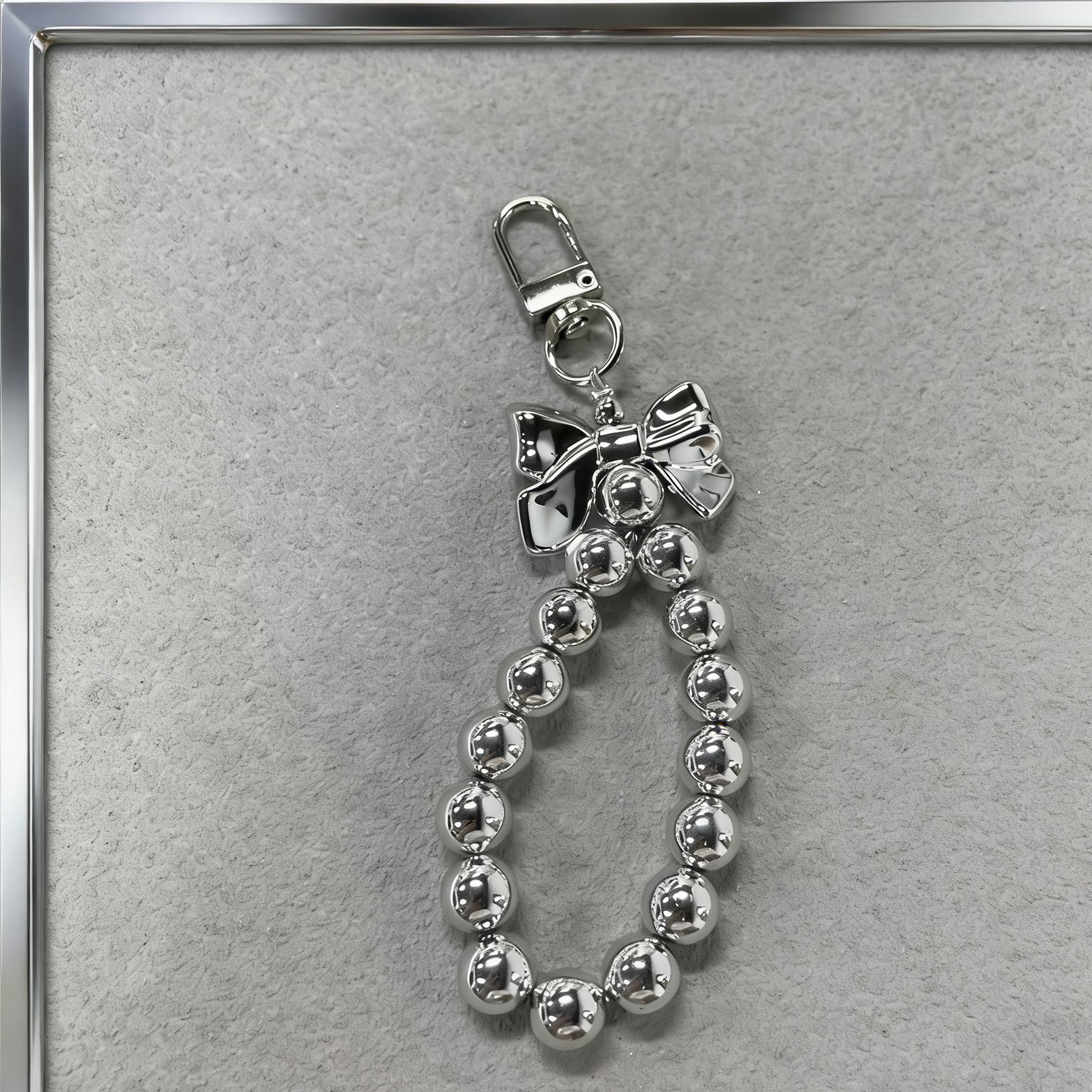 Single Silver Plated Bowknot Beaded Key Chain, Sweet Heart Metal Bag Charm Y2K Fashion Car Key Phone Pendant For Women