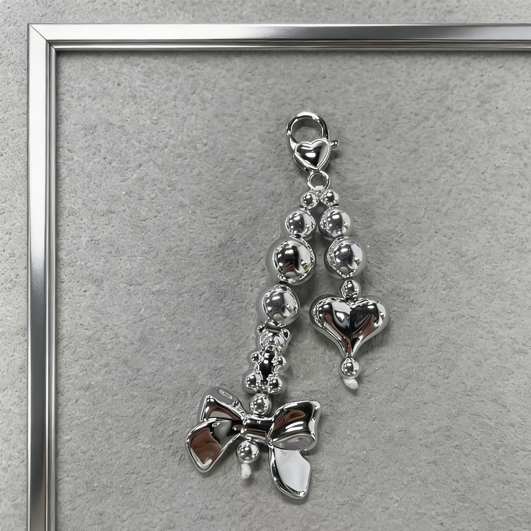 Single Silver Plated Bowknot Beaded Key Chain, Sweet Heart Metal Bag Charm Y2K Fashion Car Key Phone Pendant For Women