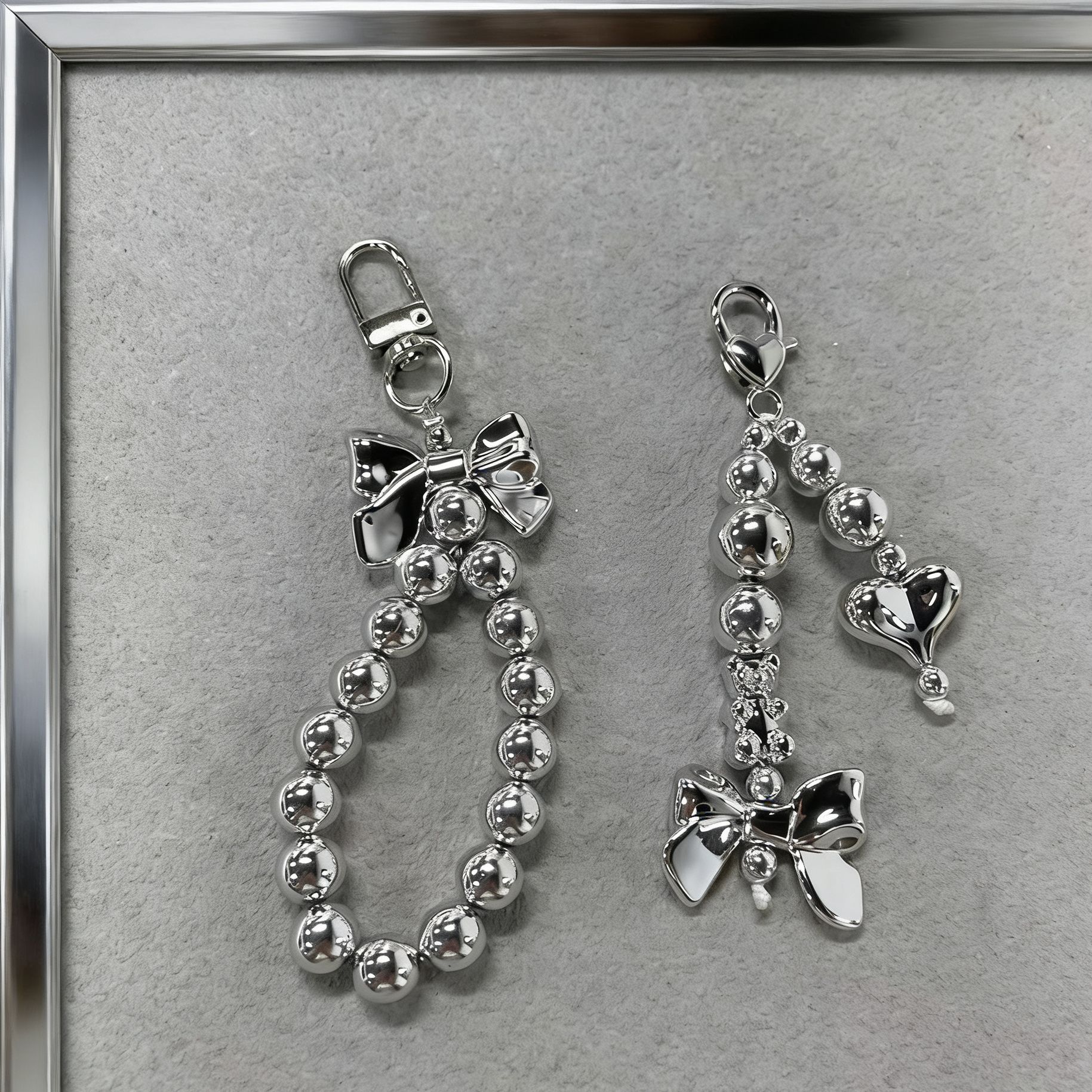 Single Silver Plated Bowknot Beaded Key Chain, Sweet Heart Metal Bag Charm Y2K Fashion Car Key Phone Pendant For Women
