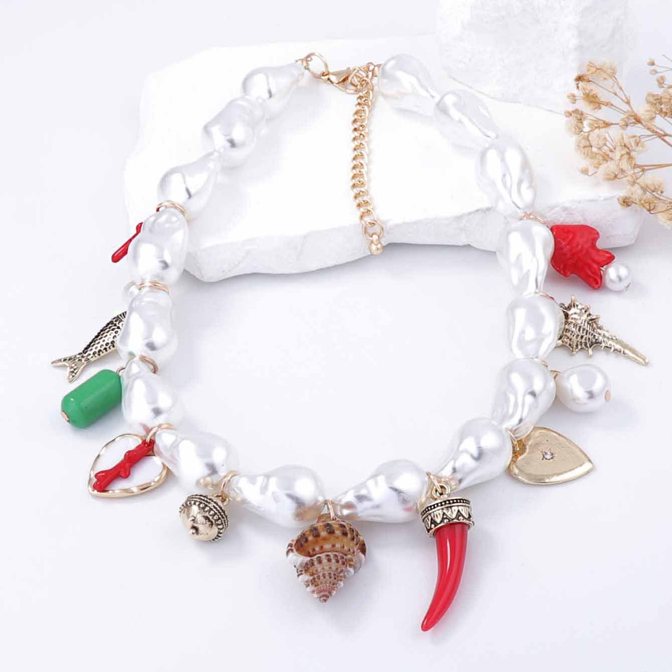 Baroque Style Faux Pearl Alloy Necklace For Women Heart Ceramic Fish Conch Shell Multi Pendant Fashion Vintage Jewelry