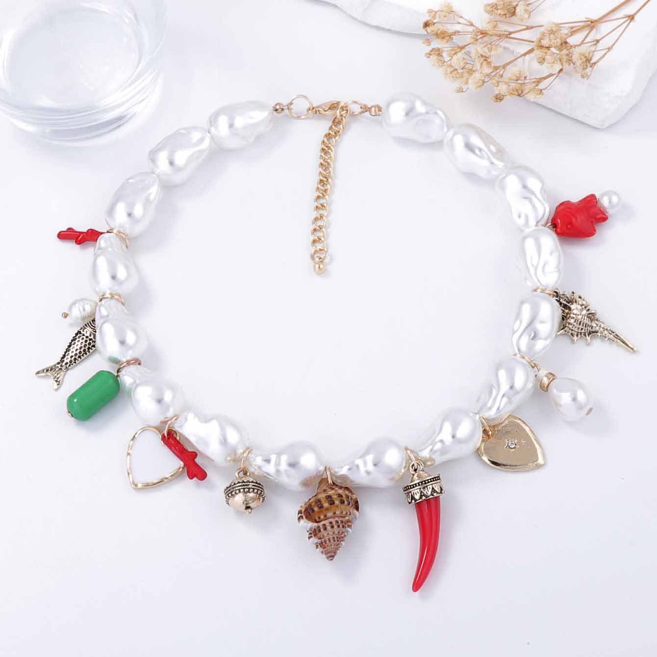 Baroque Style Faux Pearl Alloy Necklace For Women Heart Ceramic Fish Conch Shell Multi Pendant Fashion Vintage Jewelry