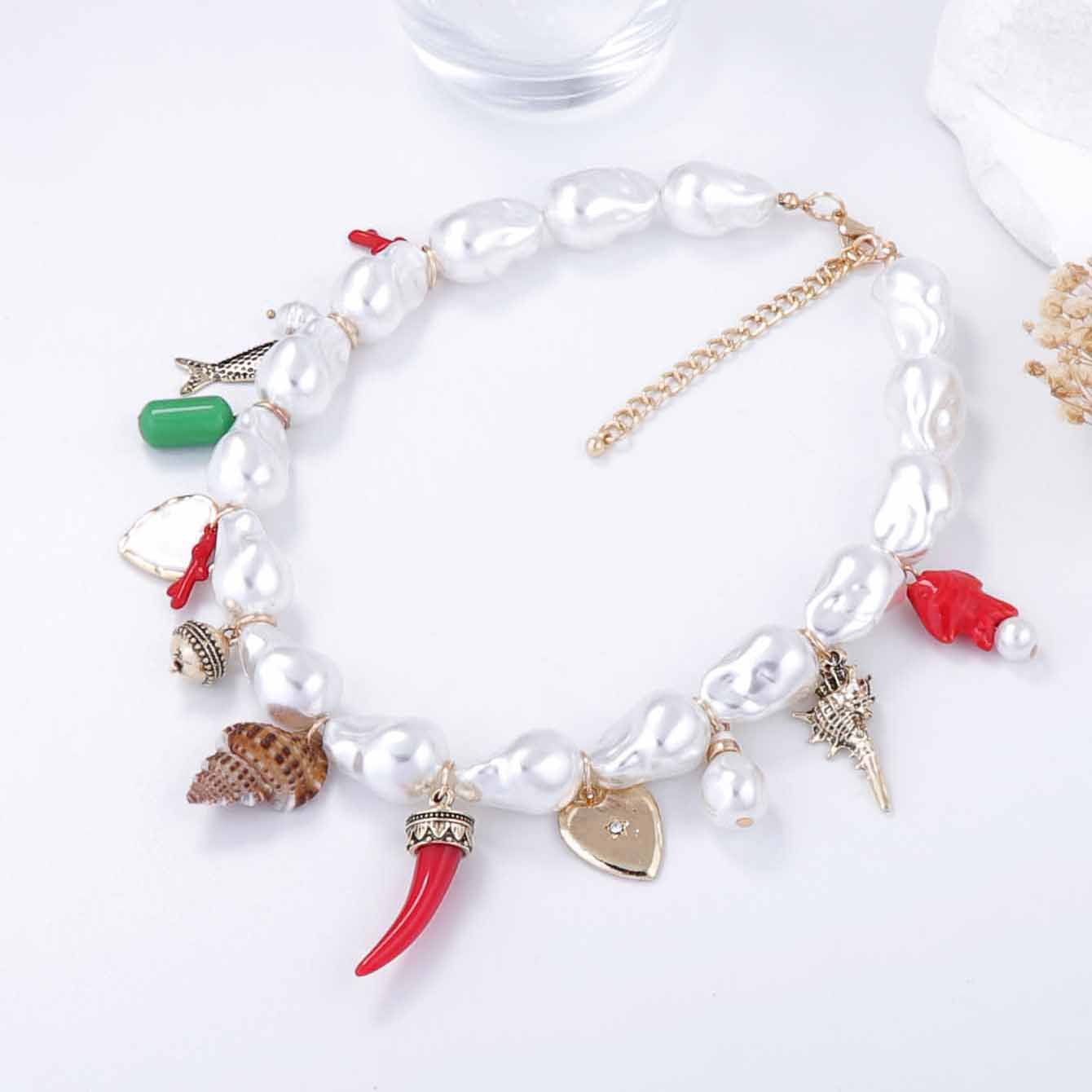 Baroque Style Faux Pearl Alloy Necklace For Women Heart Ceramic Fish Conch Shell Multi Pendant Fashion Vintage Jewelry