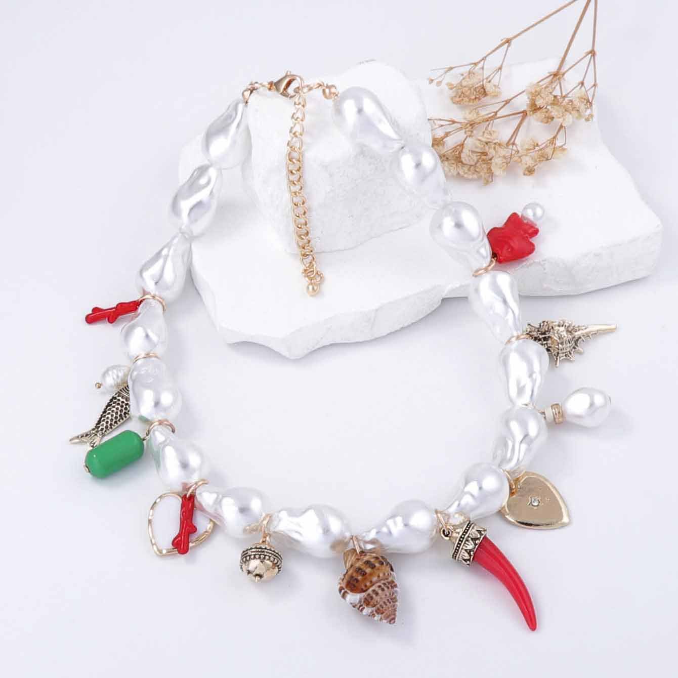 Baroque Style Faux Pearl Alloy Necklace For Women Heart Ceramic Fish Conch Shell Multi Pendant Fashion Vintage Jewelry
