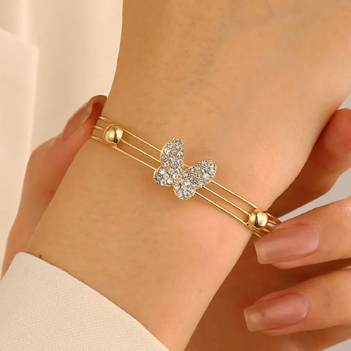 Women 5Pcs Rhinestone Butterfly Jewelry Set, Gold Plated Anti Tarnish Adjustable Necklace Bracelet Ring Earrings Kit, Bridal Party Wedding Daily Wear Gift Accessories