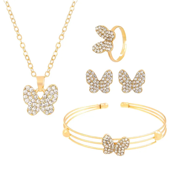 Women 5Pcs Rhinestone Butterfly Jewelry Set, Gold Plated Anti Tarnish Adjustable Necklace Bracelet Ring Earrings Kit, Bridal Party Wedding Daily Wear Gift Accessories