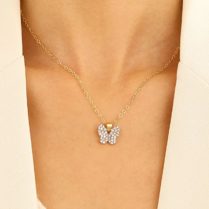 Women 5Pcs Rhinestone Butterfly Jewelry Set, Gold Plated Anti Tarnish Adjustable Necklace Bracelet Ring Earrings Kit, Bridal Party Wedding Daily Wear Gift Accessories