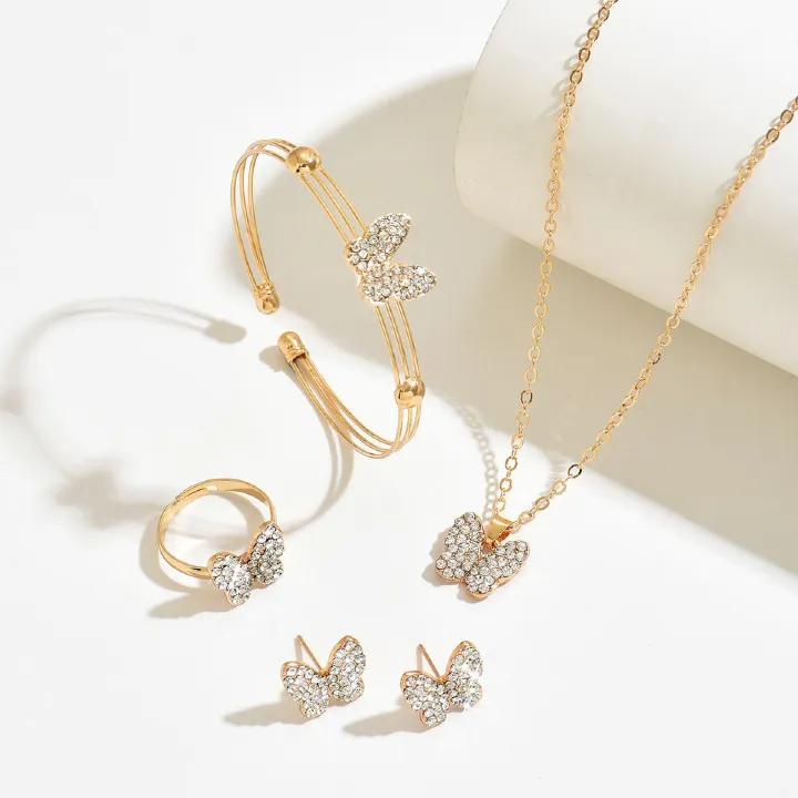 Women 5Pcs Rhinestone Butterfly Jewelry Set, Gold Plated Anti Tarnish Adjustable Necklace Bracelet Ring Earrings Kit, Bridal Party Wedding Daily Wear Gift Accessories