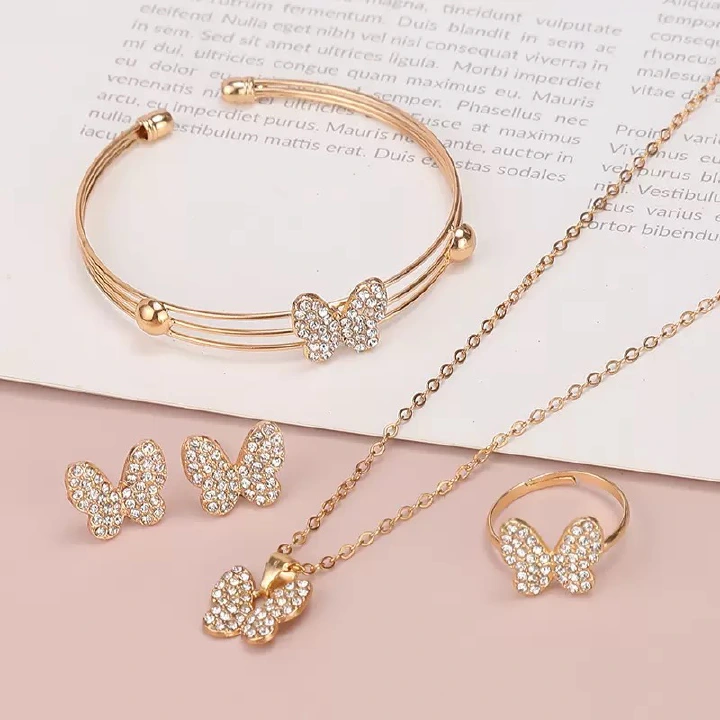 Women 5Pcs Rhinestone Butterfly Jewelry Set, Gold Plated Anti Tarnish Adjustable Necklace Bracelet Ring Earrings Kit, Bridal Party Wedding Daily Wear Gift Accessories