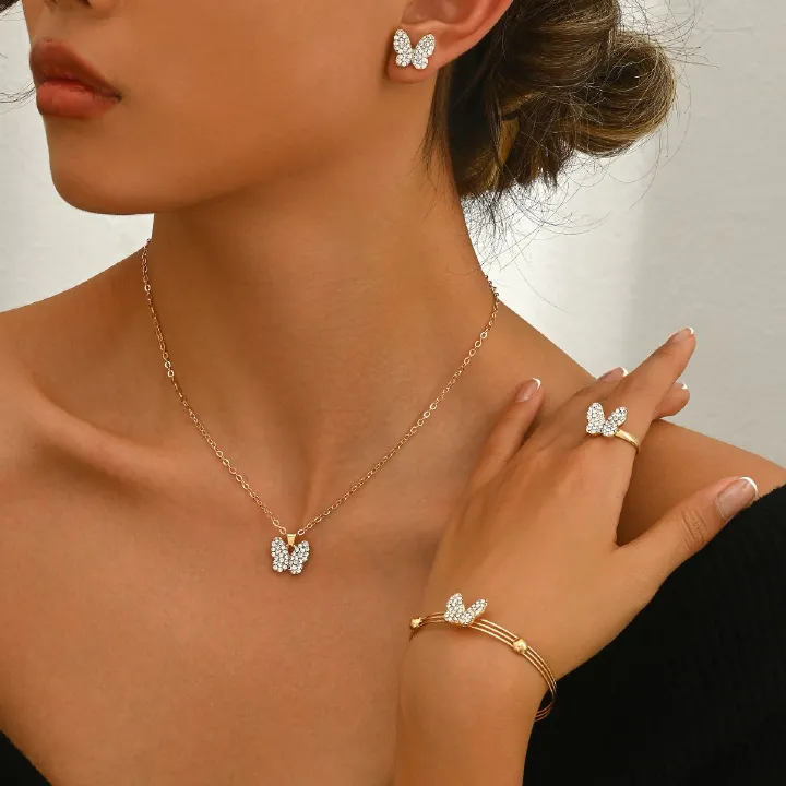 Women 5Pcs Rhinestone Butterfly Jewelry Set, Gold Plated Anti Tarnish Adjustable Necklace Bracelet Ring Earrings Kit, Bridal Party Wedding Daily Wear Gift Accessories