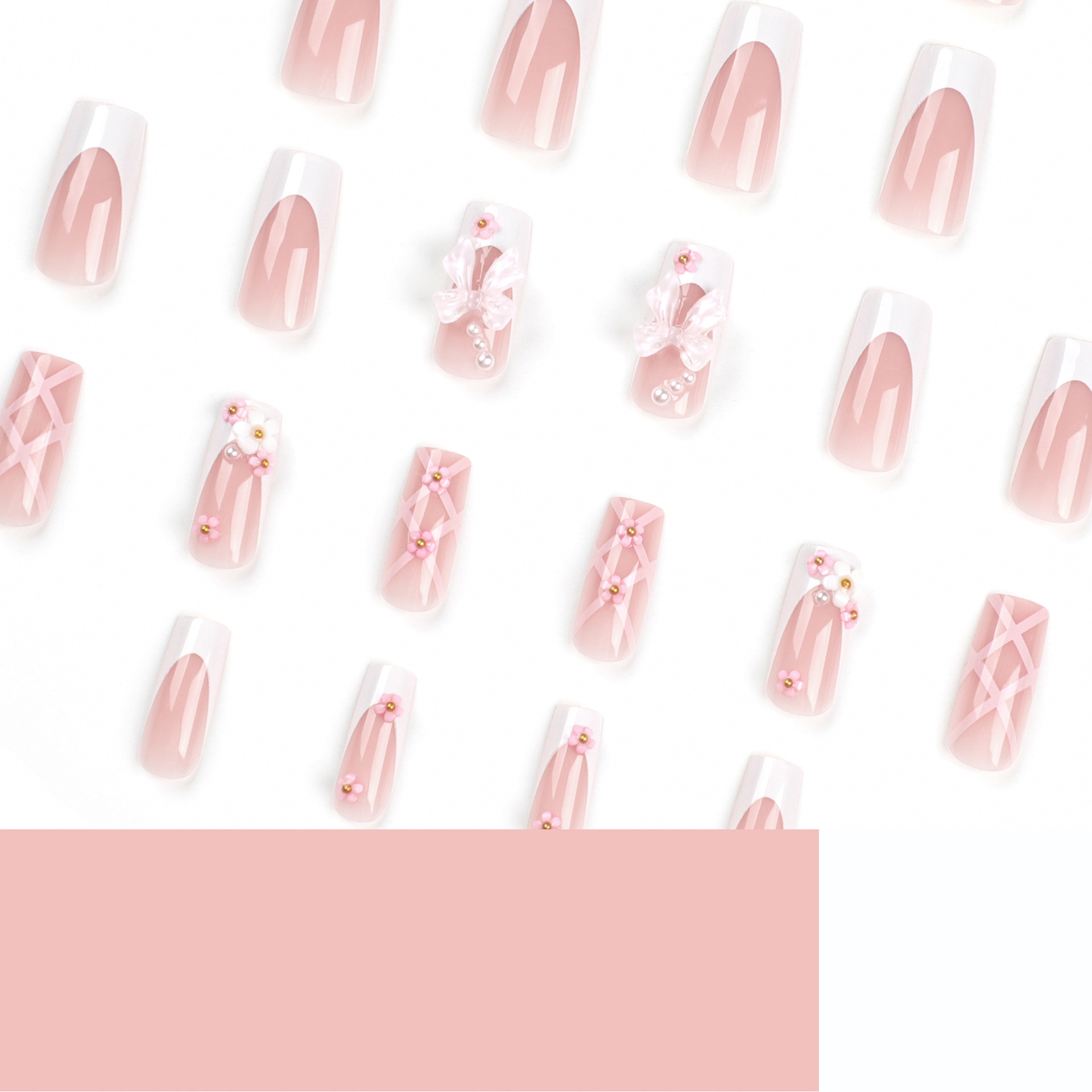 Pink cute nail art with nail stickers, bow-shaped nail stickers, nail art pieces (24 pieces), long and medium length flower-shaped nails for the nails.