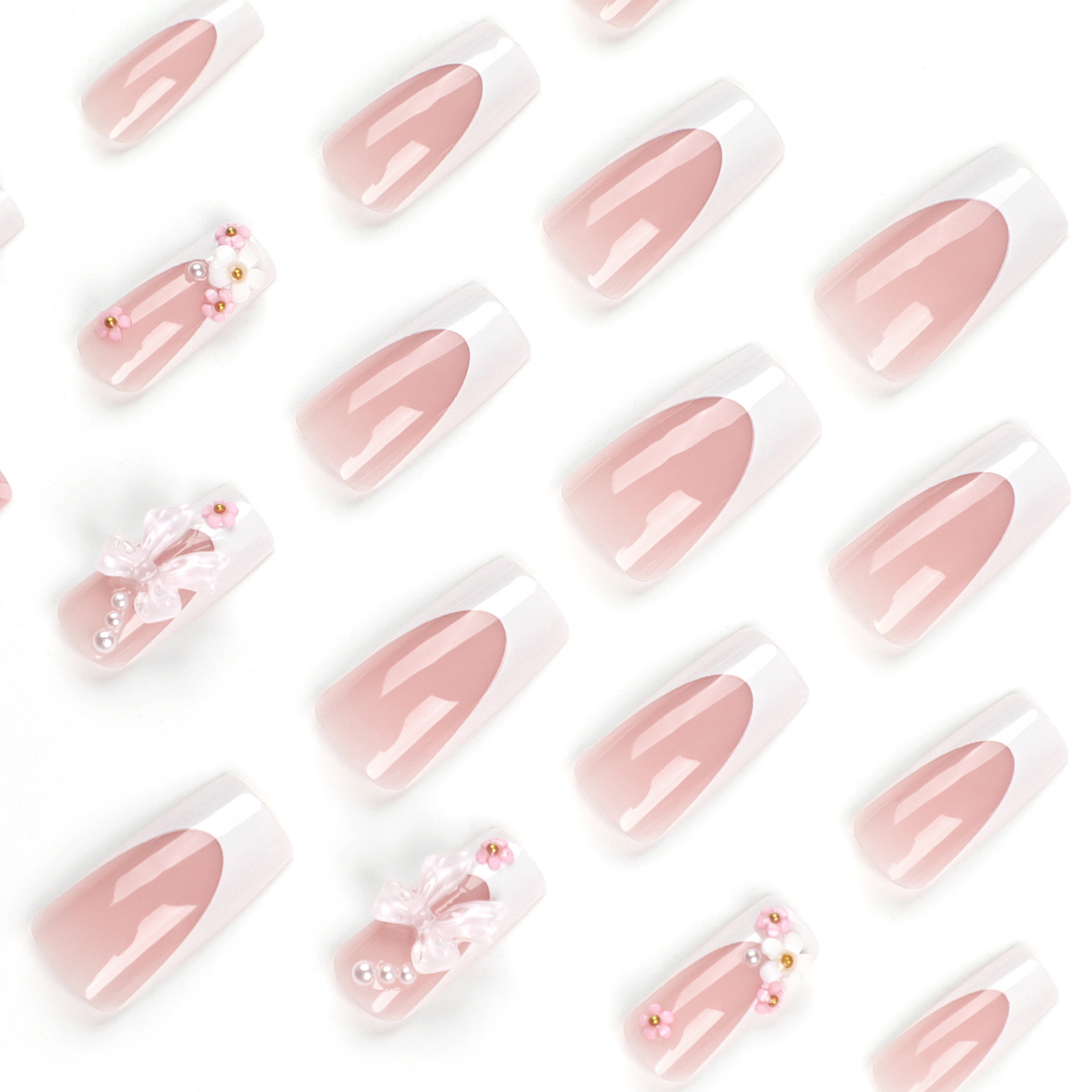 Pink cute nail art with nail stickers, bow-shaped nail stickers, nail art pieces (24 pieces), long and medium length flower-shaped nails for the nails.