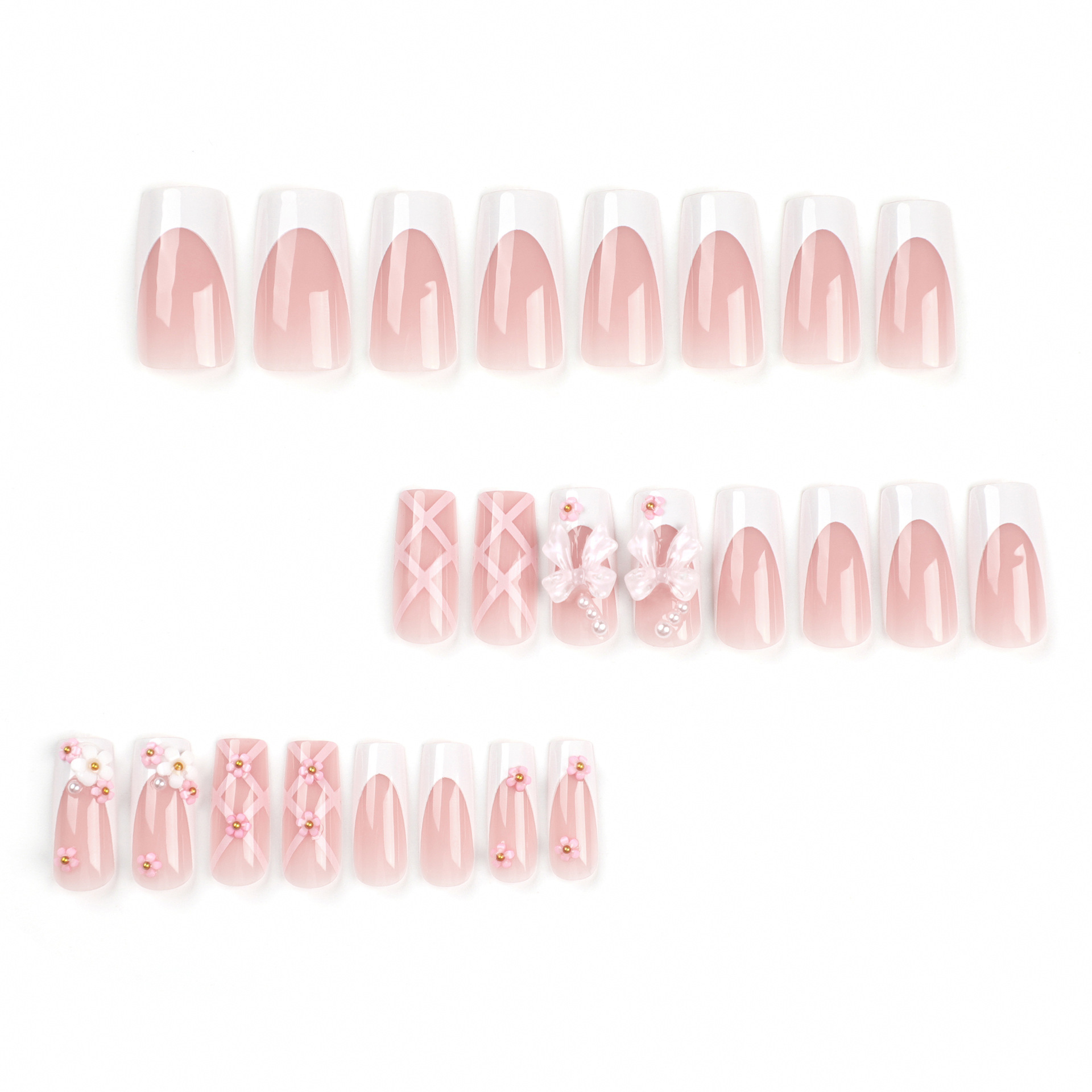Pink cute nail art with nail stickers, bow-shaped nail stickers, nail art pieces (24 pieces), long and medium length flower-shaped nails for the nails.
