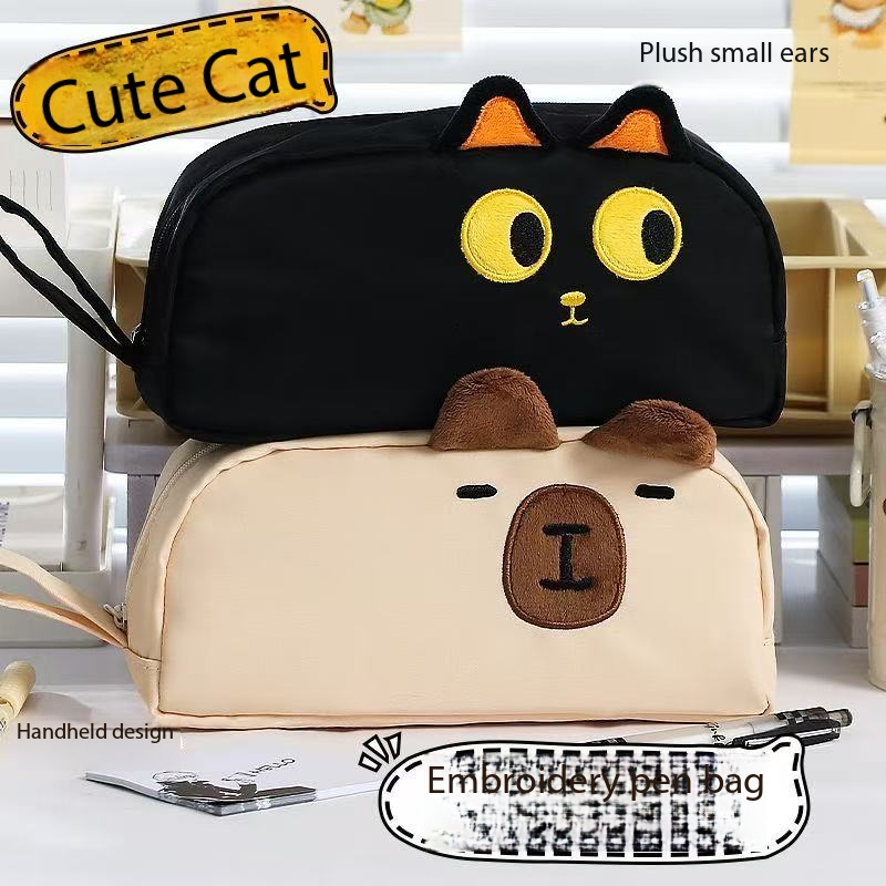 Cat Ear Stationery Bag - 3D Cute Animal Pen Holder - High Appearance Quality - Large Capacity - Handheld - Stand-Up Ears - Suitable for Both Boys and Girls - Student Stationery Bag