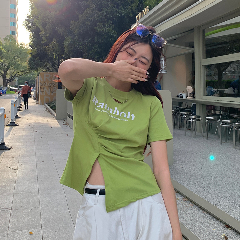 New style American-style hot girl cut-off short-sleeved t-shirt for women in summer, cotton fabric, full-sleeve base shirt, lady's sexy short top, women's clothing
