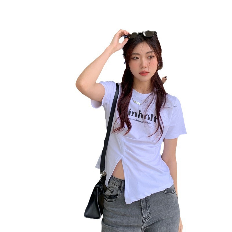 New style American-style hot girl cut-off short-sleeved t-shirt for women in summer, cotton fabric, full-sleeve base shirt, lady's sexy short top, women's clothing