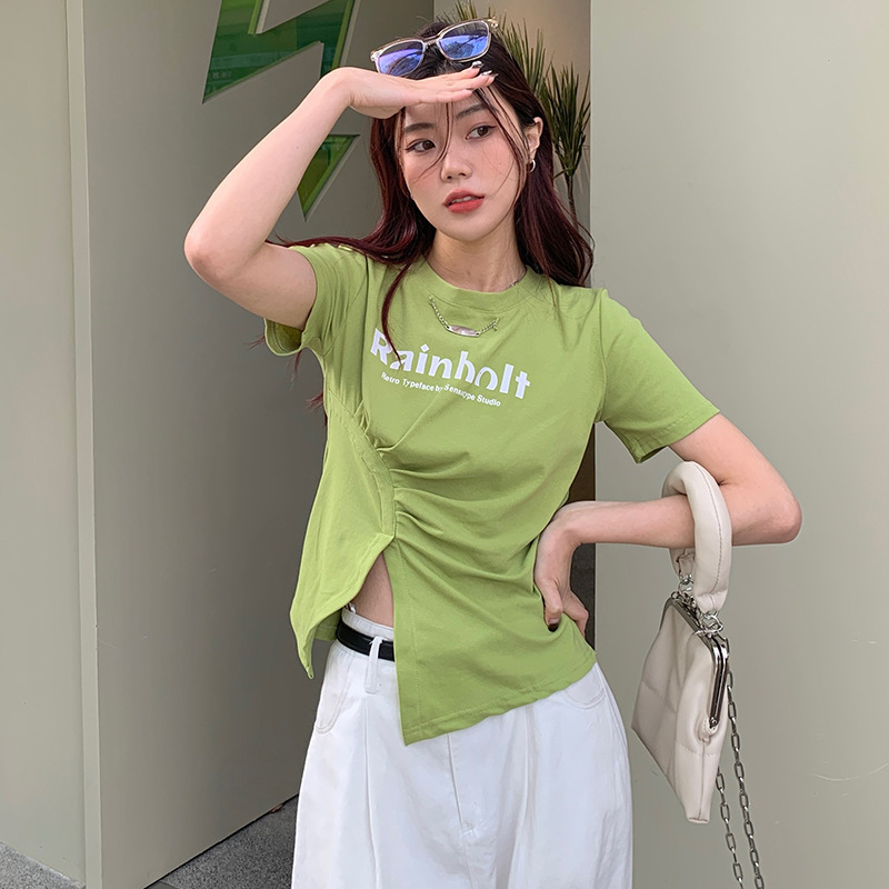 New style American-style hot girl cut-off short-sleeved t-shirt for women in summer, cotton fabric, full-sleeve base shirt, lady's sexy short top, women's clothing