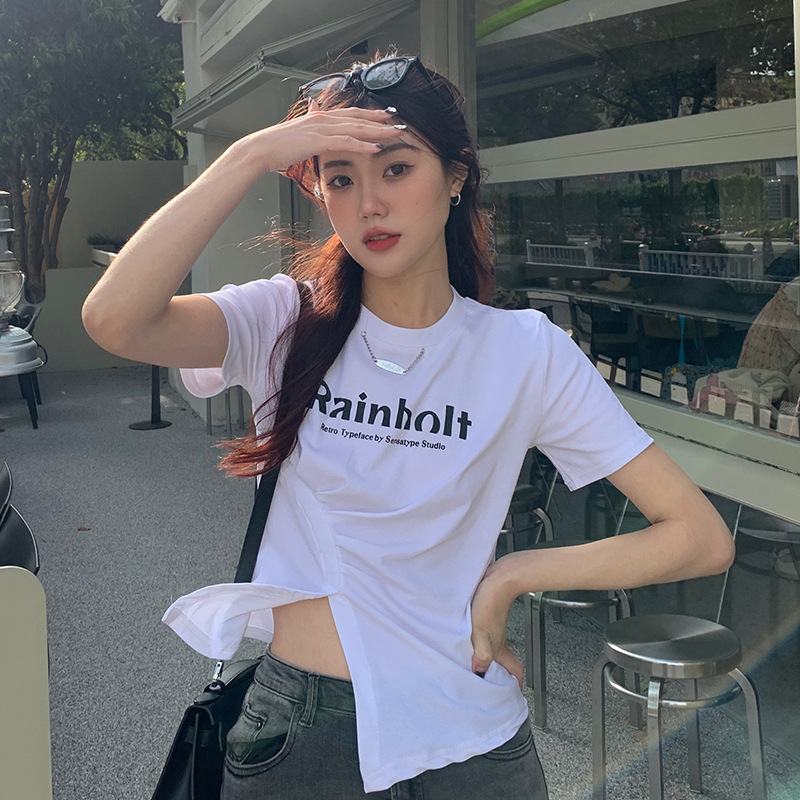 New style American-style hot girl cut-off short-sleeved t-shirt for women in summer, cotton fabric, full-sleeve base shirt, lady's sexy short top, women's clothing