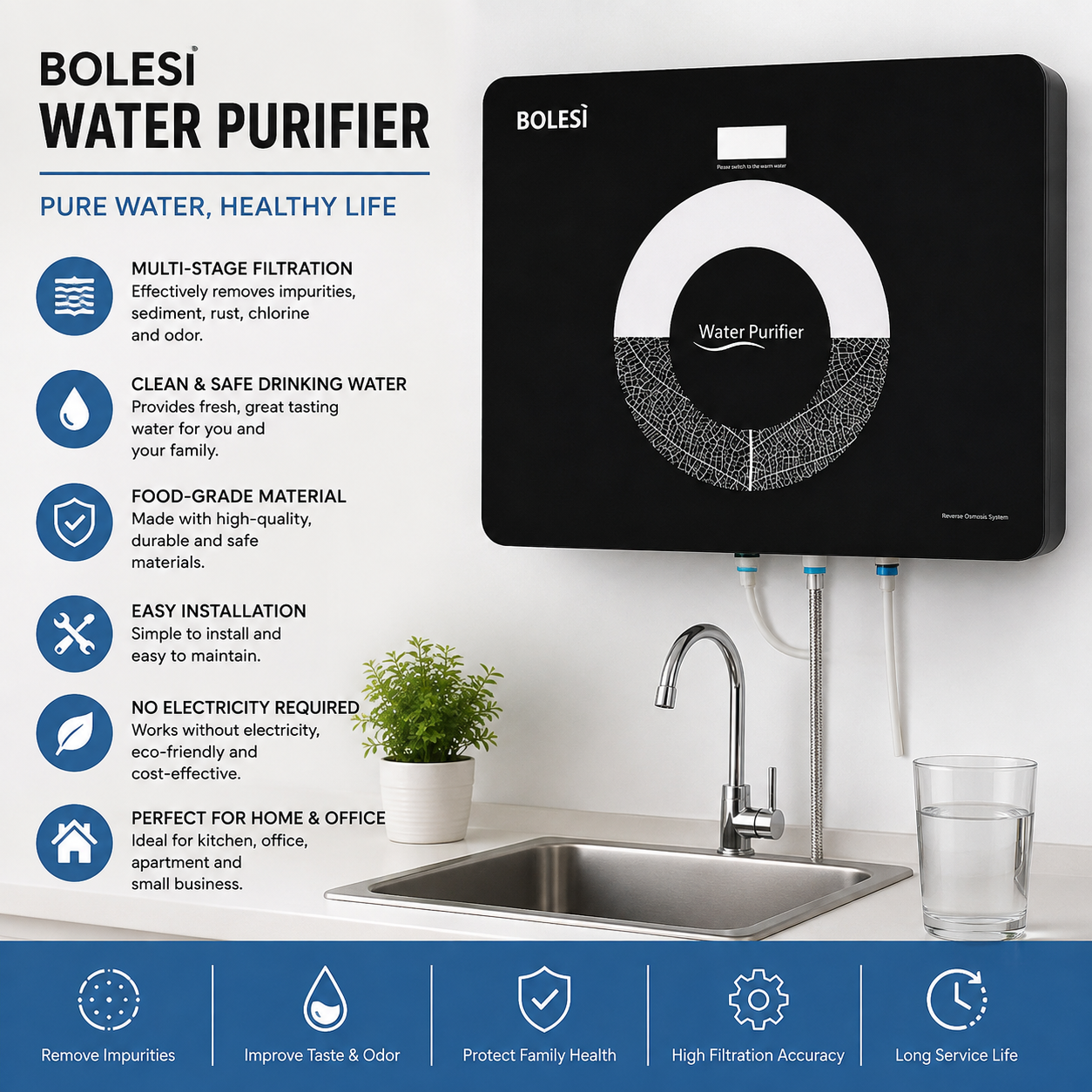 Bolesi Water Purifier – Household Water Filter Dispenser, Safe, Clean & Fresh Drinking Water