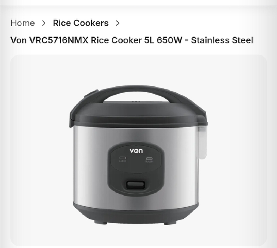 Von 5 Litres Electric Rice Cooker – Family Size Multi-Function Cooker, Automatic Keep Warm, Cook fluffy, delicious rice effortlessly with the Von 5L Electric Rice Cooker