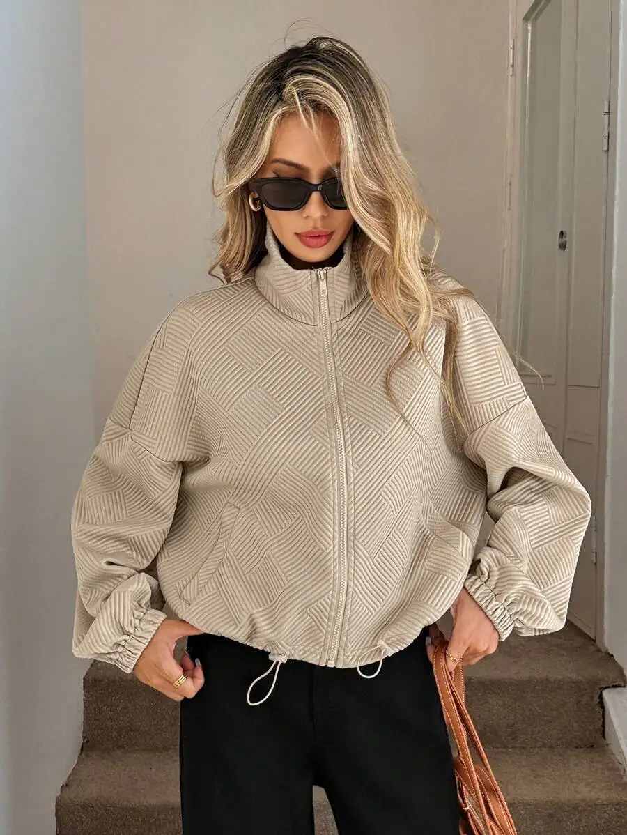 Autumn Women New Jackets Long Sleeve Stand Collar Solid Patchwork Loose Shirring Zipper Coat Female Fashion