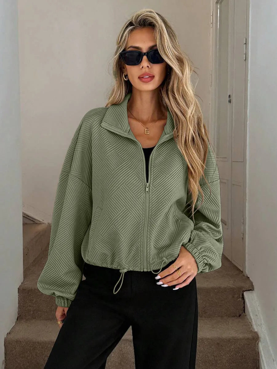 Autumn Women New Jackets Long Sleeve Stand Collar Solid Patchwork Loose Shirring Zipper Coat Female Fashion