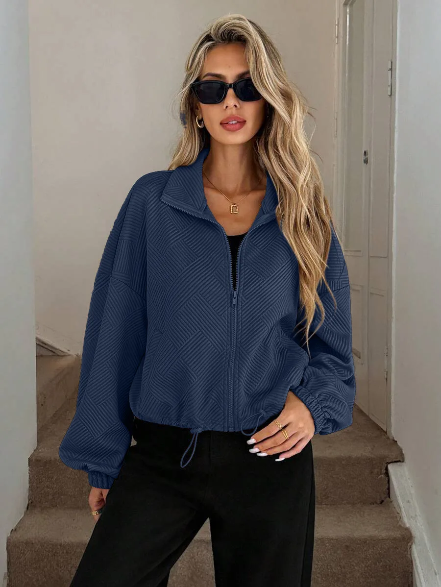 Autumn Women New Jackets Long Sleeve Stand Collar Solid Patchwork Loose Shirring Zipper Coat Female Fashion
