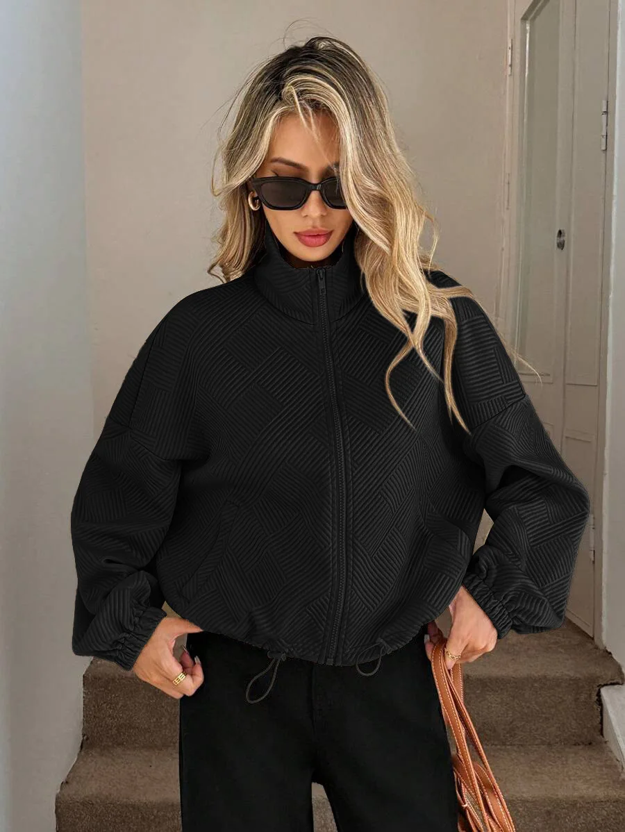 Autumn Women New Jackets Long Sleeve Stand Collar Solid Patchwork Loose Shirring Zipper Coat Female Fashion