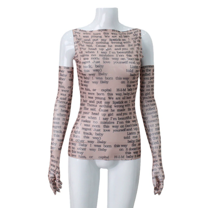 Sexy Tee T-shirt Women Summer Casual Letter Print Skinny See Through With Gloves Cropped Shirts Women Female Blusas