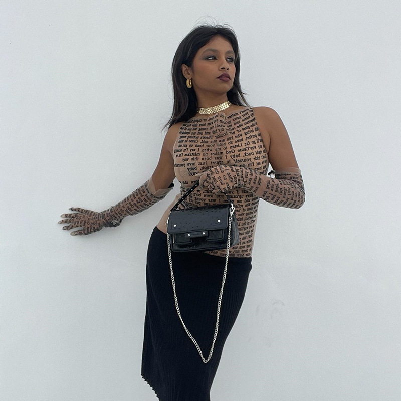 Sexy Tee T-shirt Women Summer Casual Letter Print Skinny See Through With Gloves Cropped Shirts Women Female Blusas