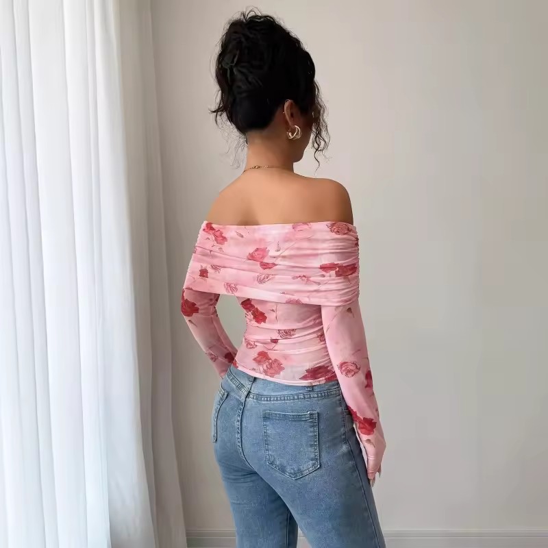Women's Clothing One-length Slim Fit Pleated Edges Irregular Versatile Printed Top Simple Style Off Shoulder One Line Neck Mesh