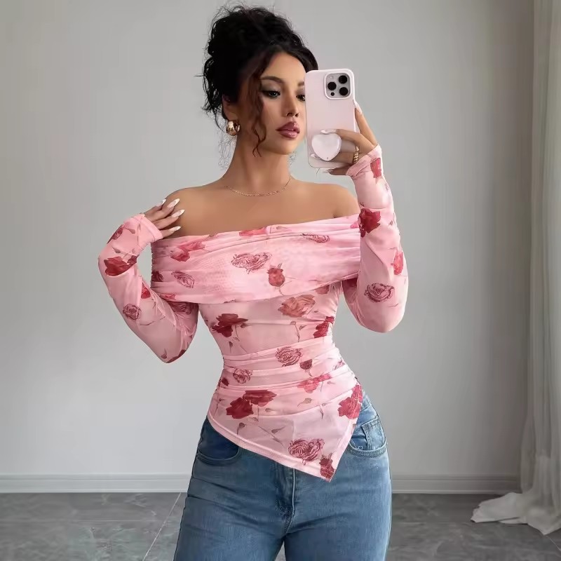 Women's Clothing One-length Slim Fit Pleated Edges Irregular Versatile Printed Top Simple Style Off Shoulder One Line Neck Mesh