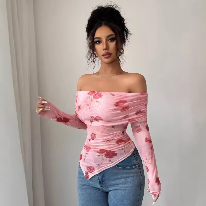 Women's Clothing One-length Slim Fit Pleated Edges Irregular Versatile Printed Top Simple Style Off Shoulder One Line Neck Mesh