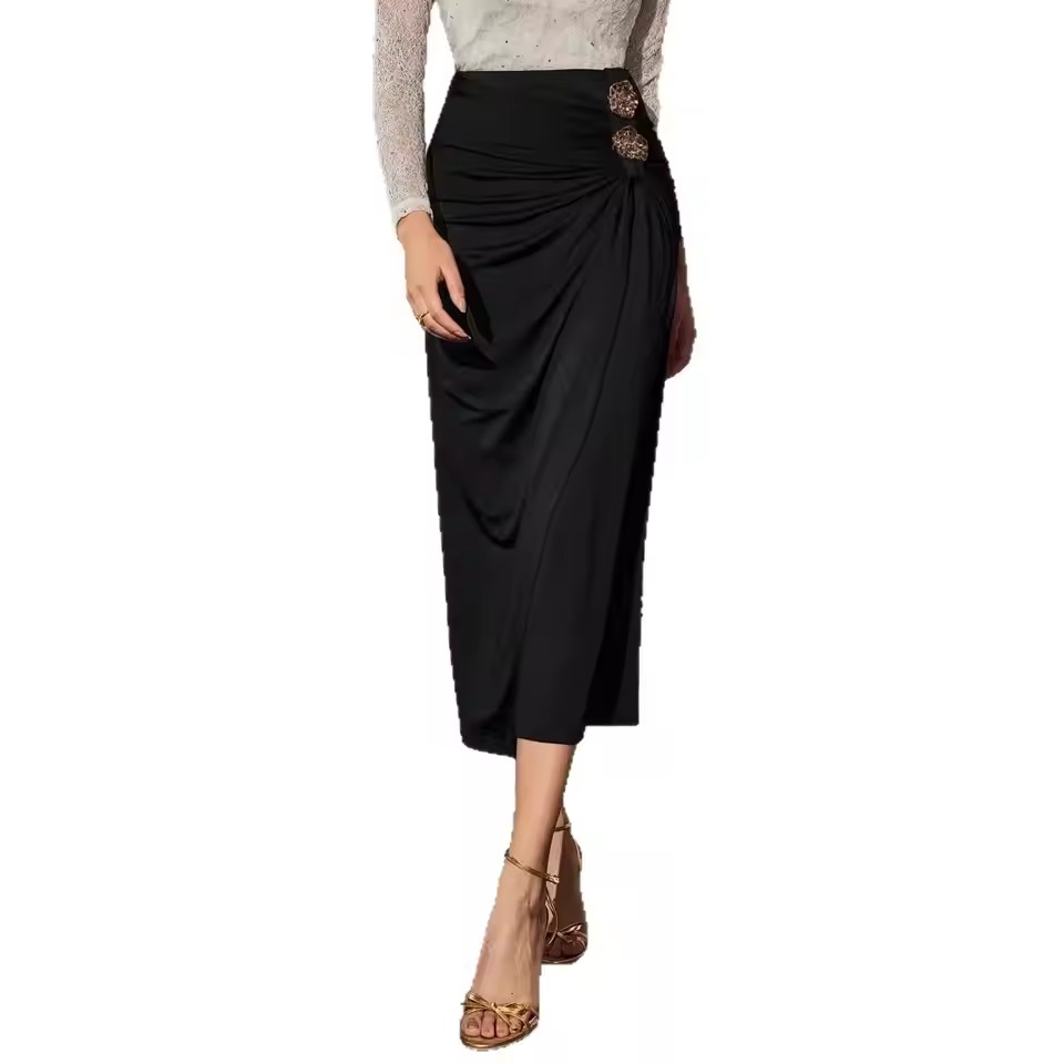 Spring Women's Clothing Slimming Ruched Wrap Elegant Long Skirt For Woman Metallic Button Detail Polyester Bodycon Fit Style