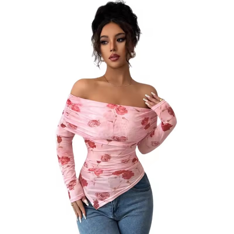 Women's Clothing One-length Slim Fit Pleated Edges Irregular Versatile Printed Top Simple Style Off Shoulder One Line Neck Mesh
