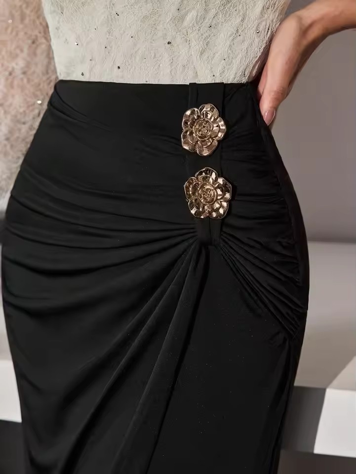 Spring Women's Clothing Slimming Ruched Wrap Elegant Long Skirt For Woman Metallic Button Detail Polyester Bodycon Fit Style