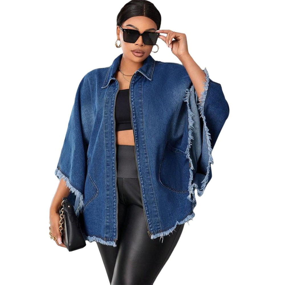 Women Denim Coats Y2k Jackets Pocket Coat Zipper Batwing Sleeves Turn Down Collar Loose Streetwear Casual Autumn Winter