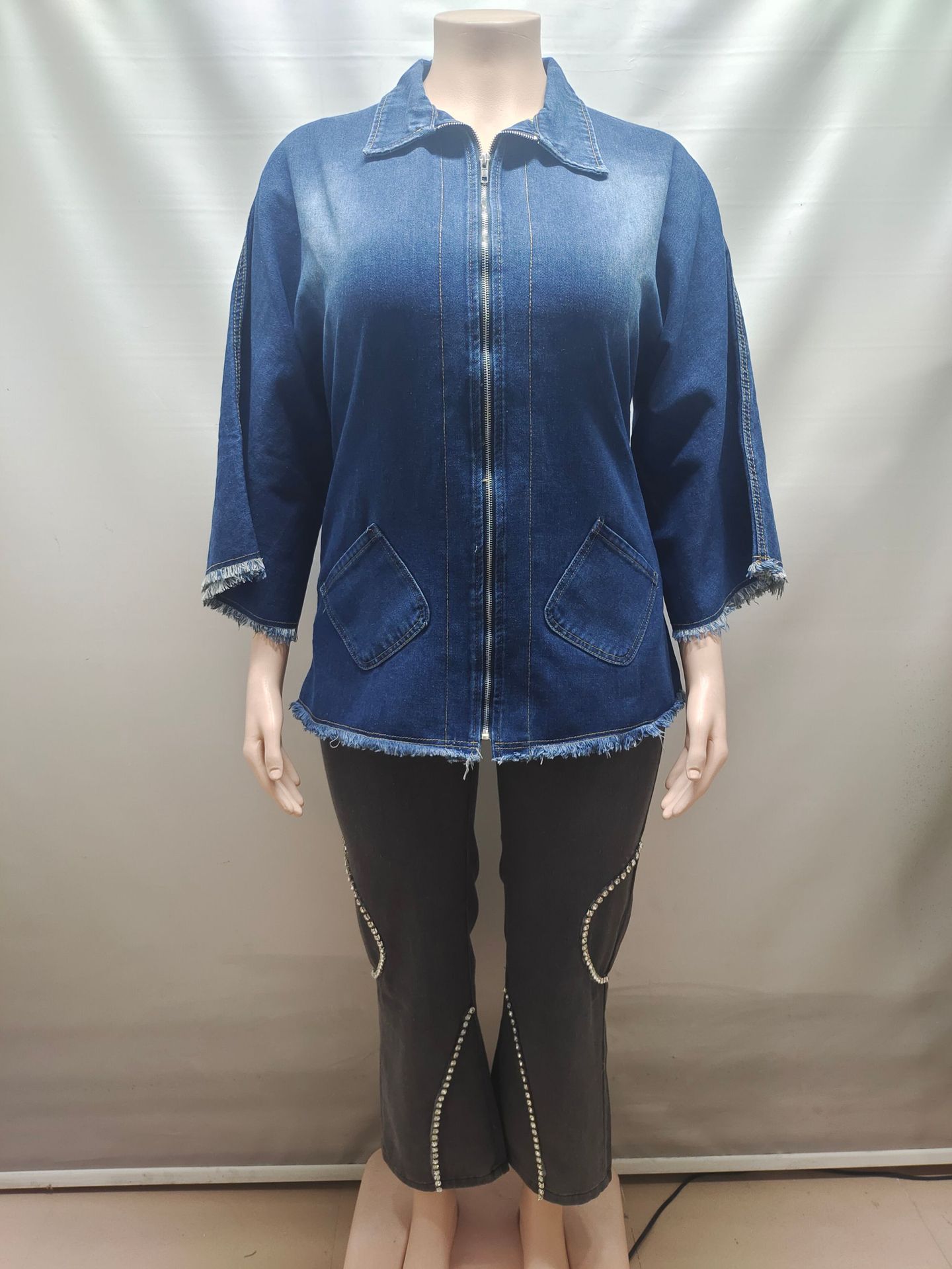 Women Denim Coats Y2k Jackets Pocket Coat Zipper Batwing Sleeves Turn Down Collar Loose Streetwear Casual Autumn Winter