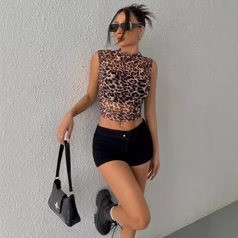 Summer New Women's Clothing Top Slim and Thin Sleeveless Leopard Print Stand-up Collar Sexy Women's T-shirt
