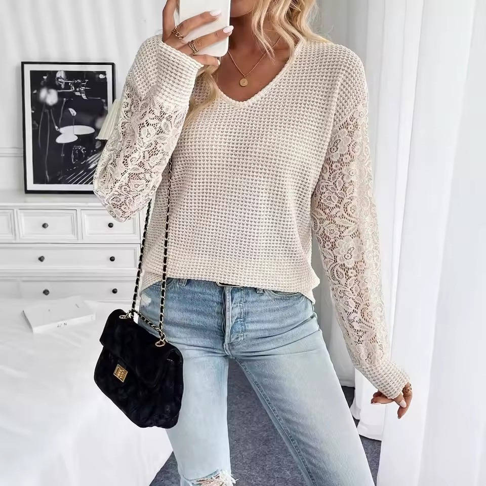 Women Clothes Blouse Sweater Woman Loose Fit Blouses Crochet Knit Cream Beige Lace Sleeve Top Open Knit Body Tops Ladies Sweater