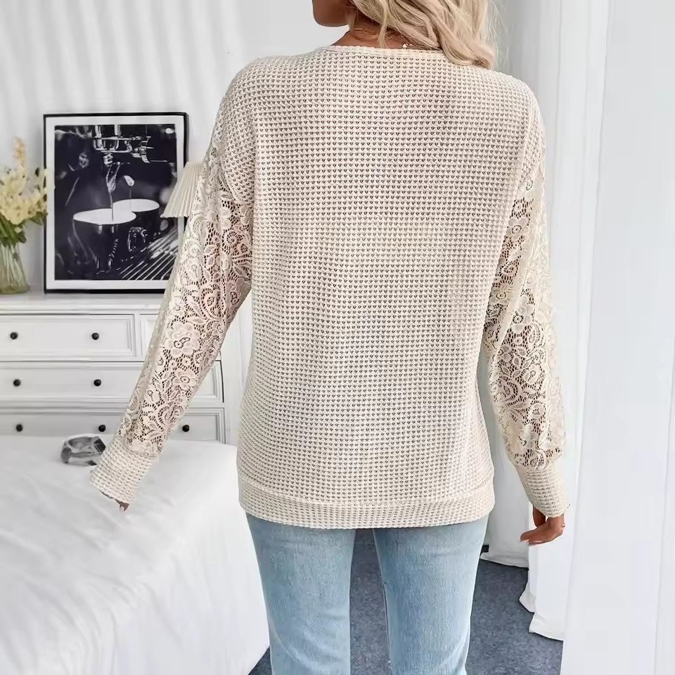 Women Clothes Blouse Sweater Woman Loose Fit Blouses Crochet Knit Cream Beige Lace Sleeve Top Open Knit Body Tops Ladies Sweater