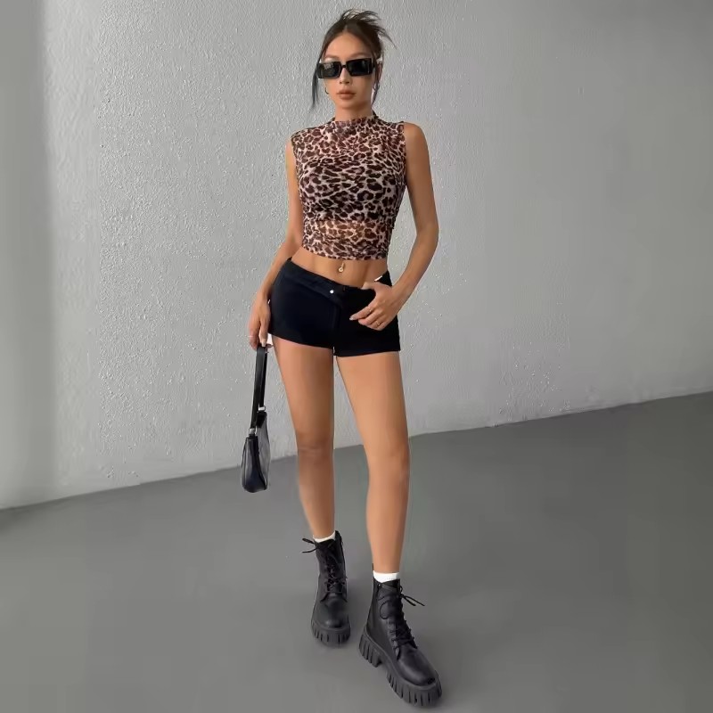 Summer New Women's Clothing Top Slim and Thin Sleeveless Leopard Print Stand-up Collar Sexy Women's T-shirt