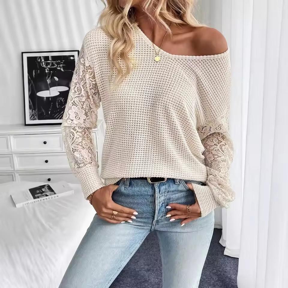Women Clothes Blouse Sweater Woman Loose Fit Blouses Crochet Knit Cream Beige Lace Sleeve Top Open Knit Body Tops Ladies Sweater