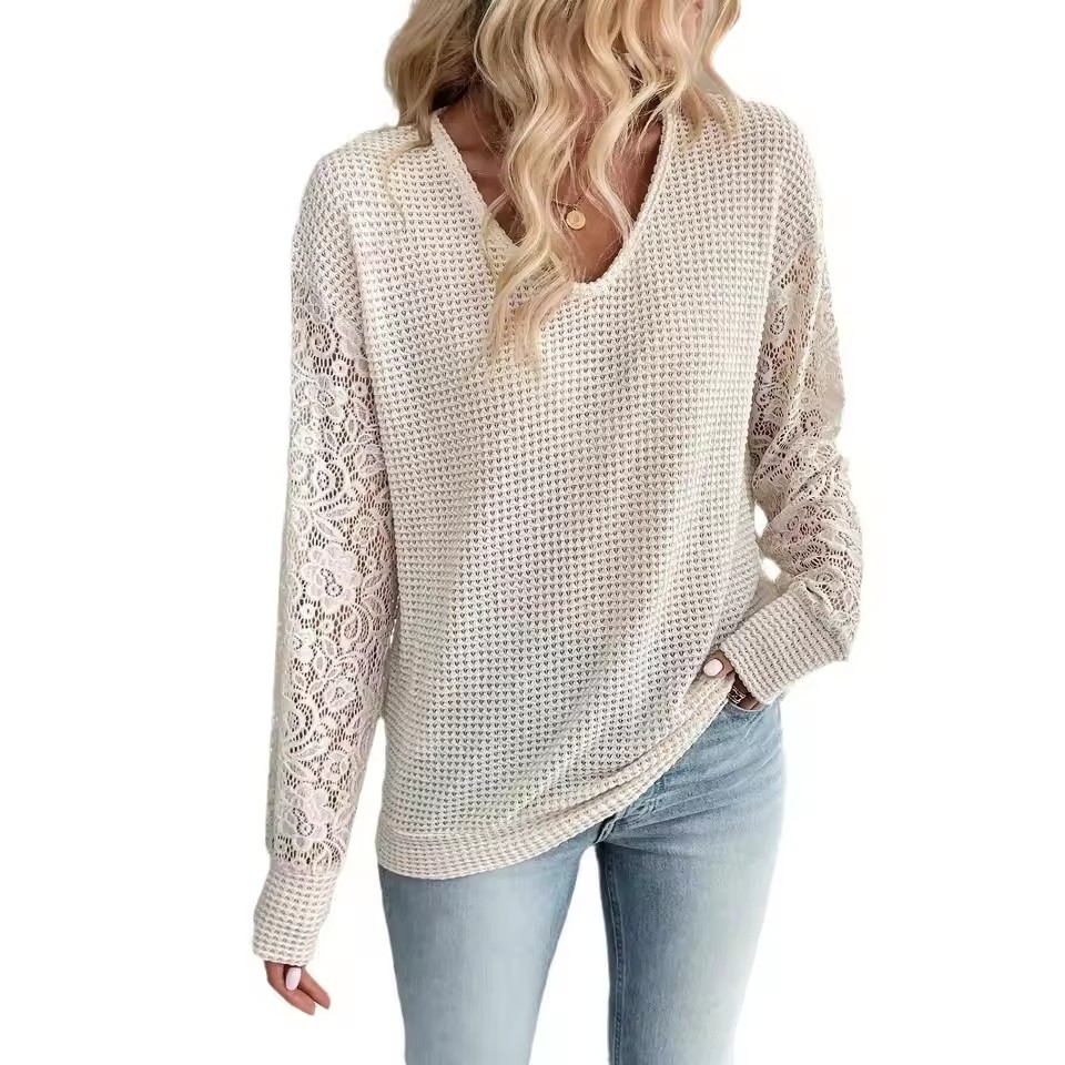 Women Clothes Blouse Sweater Woman Loose Fit Blouses Crochet Knit Cream Beige Lace Sleeve Top Open Knit Body Tops Ladies Sweater