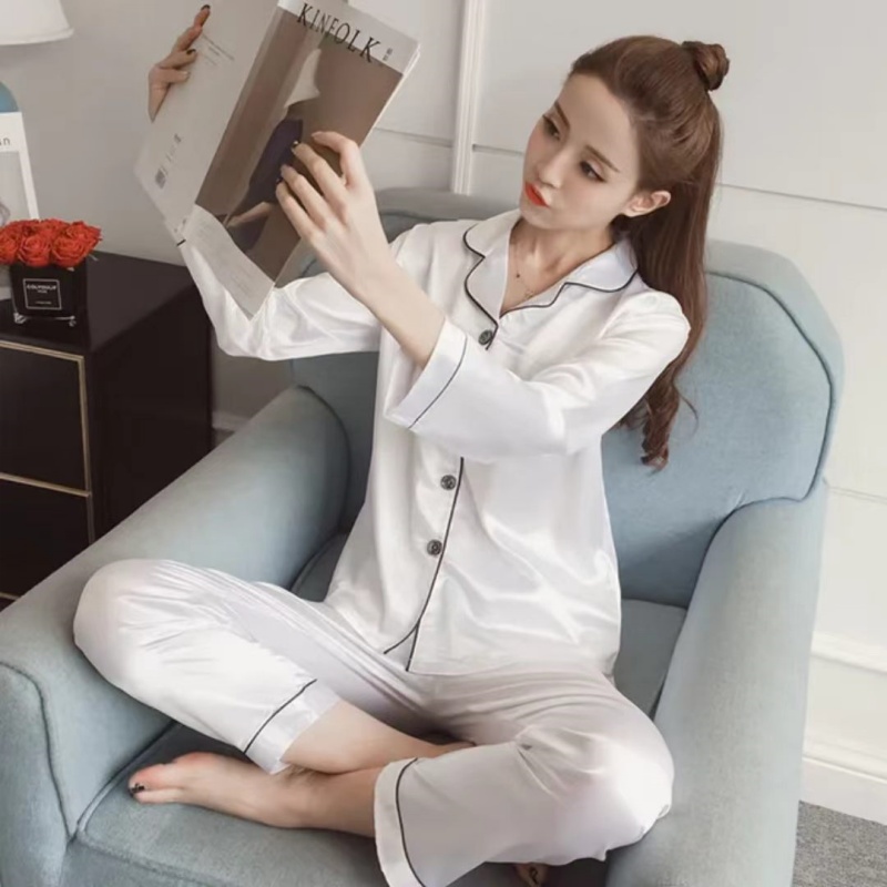 Simulation Silk Long-sleeved Thin Ice Silk  Pajamas Pajamas Cozy Lounge Set, Buttons Lapel Top And Pants Loungewear ,Fashionable, Elegant, Dignified And Comfortable