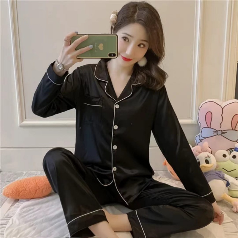 Simulation Silk Long-sleeved Thin Ice Silk  Pajamas Pajamas Cozy Lounge Set, Buttons Lapel Top And Pants Loungewear ,Fashionable, Elegant, Dignified And Comfortable