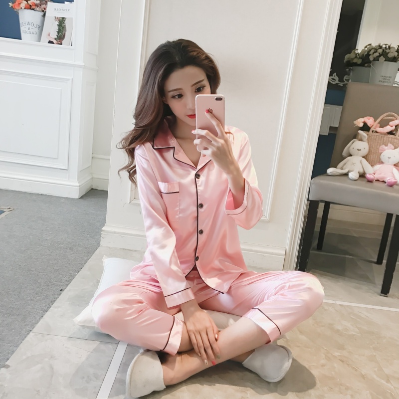 Simulation Silk Long-sleeved Thin Ice Silk  Pajamas Pajamas Cozy Lounge Set, Buttons Lapel Top And Pants Loungewear ,Fashionable, Elegant, Dignified And Comfortable