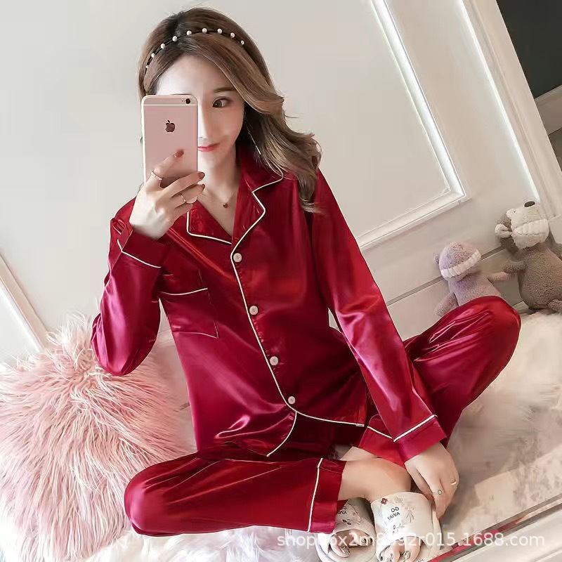 Simulation Silk Long-sleeved Thin Ice Silk  Pajamas Pajamas Cozy Lounge Set, Buttons Lapel Top And Pants Loungewear ,Fashionable, Elegant, Dignified And Comfortable