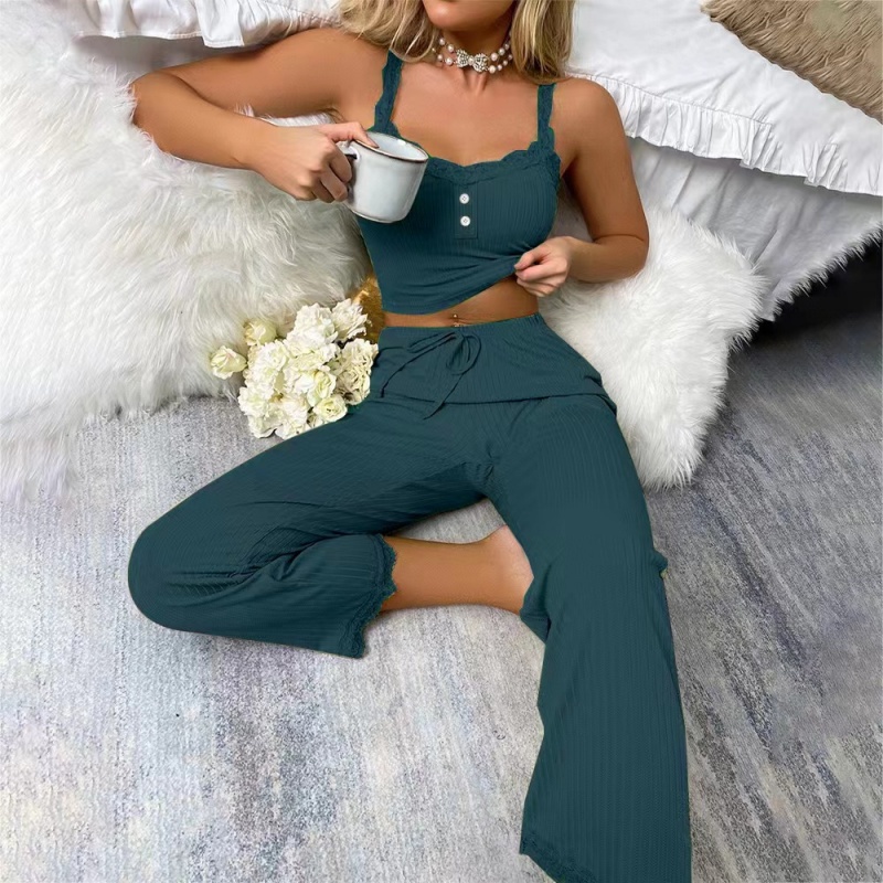 Casual Pajamas, Women's  Lace Suspenders Tops And Long Trousers Sets,  Ladies' Home Clothes，Sexy Fit